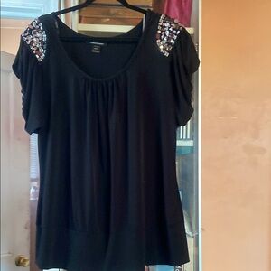 Ashley Stewart Black Embellished Short Sleeve Blouse